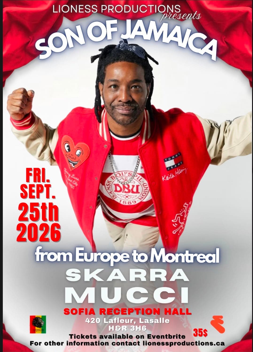 Official event poster for Europe to Montreal — Son of Jamaica… SKARRA MUCCI, a Lioness Productions cultural experience.