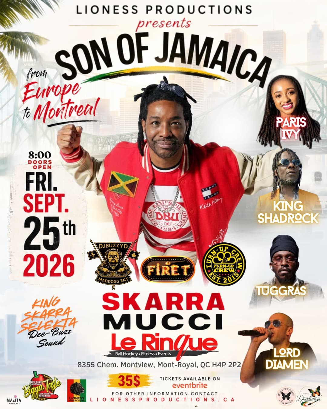 Official event poster for Europe to Montreal — Son of Jamaica… SKARRA MUCCI, a Lioness Productions cultural experience.